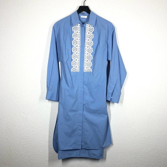 Sandro Paris Blue Cox Poplin Lace Shirt Dress Long Sleeve Button Down 38 M - Picture 4 of 16